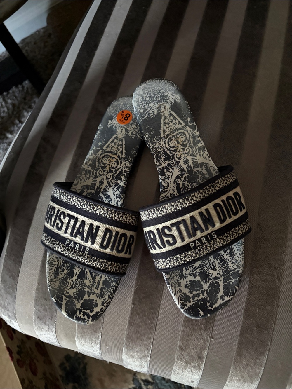 Dior Black & Cream Embroidered Logo Slide Sandals